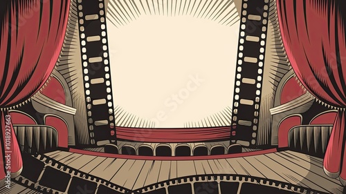 Vintage Film and Cinema-Themed Background with Red Curtains, Film Strips, Reels, and Cinema Seats in Old Hollywood and Comic Book Style – Perfect for Retro Movie Designs