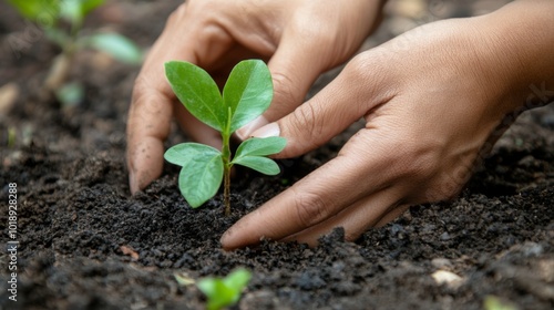 Hands Planting Seedling in Rich Dark Soil