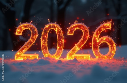 The numbers "2026" are gold in fire, silver snowflakes