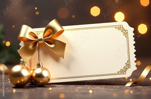 Christmas Blank gift greeting card with shiny golden bow and balls photo