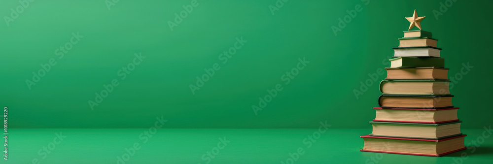 Banner christmas tree made of books, on a green background Banner christmas tree made of books, on a green background