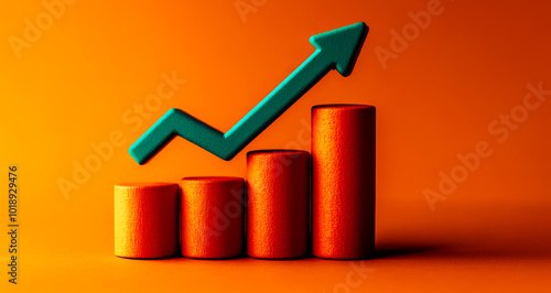 Upward growth chart on orange. A colorful growth chart with orange bars and a green upward arrow shows increasing progress or data trends against a bright backdrop. photo