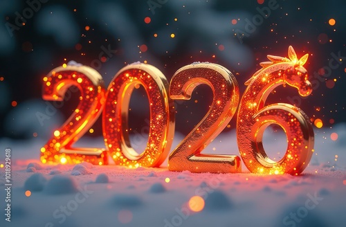 The numbers "2026" are gold in fire, silver snowflakes