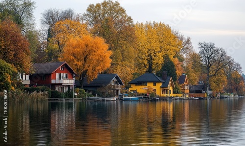 Trees and shoreline with row of houses along a lake front