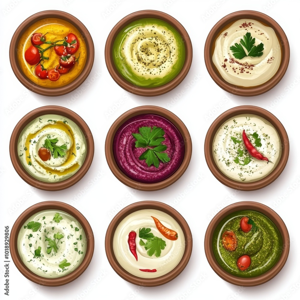 Set of Colorful Mediterranean Dips and Sauces in Bowls - Hummus, Tzatziki, Muhammara, Tomato Pesto, Baba Ganoush, Skordalia, Labneh, Tapenade Set of Colorful Mediterranean Dips and Sauces in Bowls - Hummus, Tzatziki, Muhammara, Tomato Pesto, Baba Ganoush, Skordalia, Labneh, Tapenade