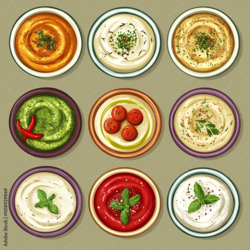 Set of Colorful Mediterranean Dips and Sauces in Bowls - Hummus, Tzatziki, Muhammara, Tomato Pesto, Baba Ganoush, Skordalia, Labneh, Tapenade Set of Colorful Mediterranean Dips and Sauces in Bowls - Hummus, Tzatziki, Muhammara, Tomato Pesto, Baba Ganoush, Skordalia, Labneh, Tapenade