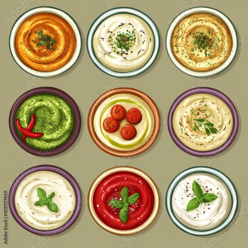 Set of Colorful Mediterranean Dips and Sauces in Bowls - Hummus, Tzatziki, Muhammara, Tomato Pesto, Baba Ganoush, Skordalia, Labneh, Tapenade