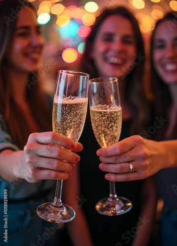 Friends joyfully toasting champagne while celebrating New Year's Eve.