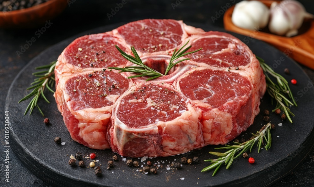 Raw steak meat Osso Buco. Meat for barbecue. Raw fresh veal shank, cut in a cross shape, seasonings, pepper, rosemary Raw steak meat Osso Buco. Meat for barbecue. Raw fresh veal shank, cut in a cross shape, seasonings, pepper, rosemary