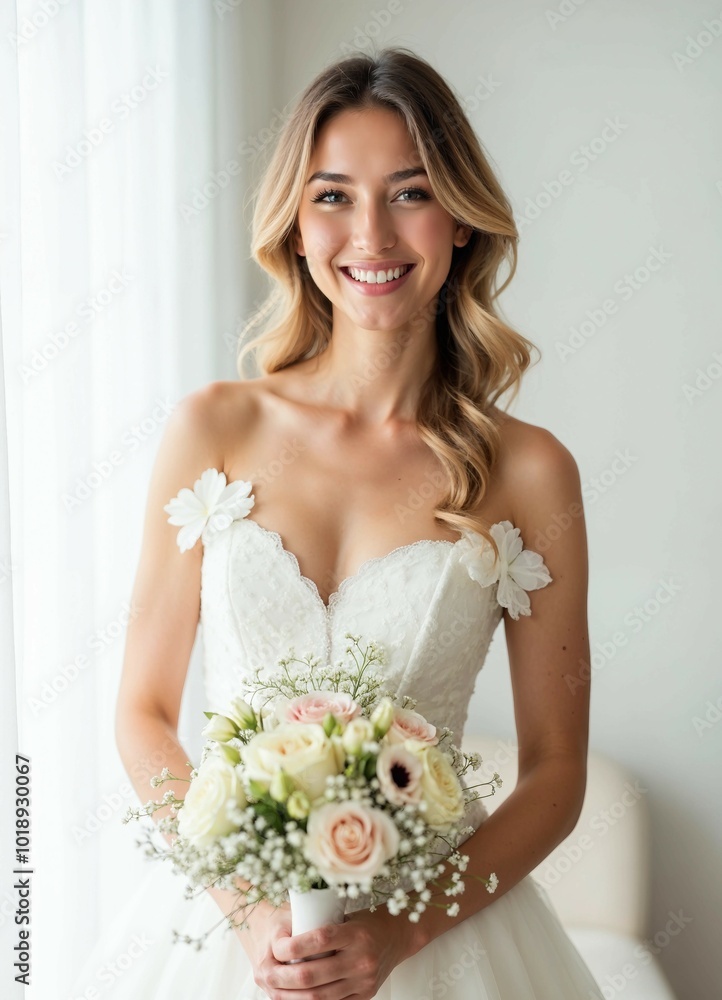 Naklejka premium Portrait of a young bride holding a bouquet, smiling sweetly in a white wedding dress with a soft, white-toned background and natural light.