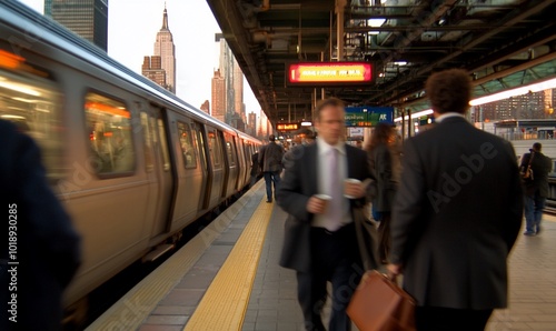 Busy subway station with commuters and city skyline in the background.