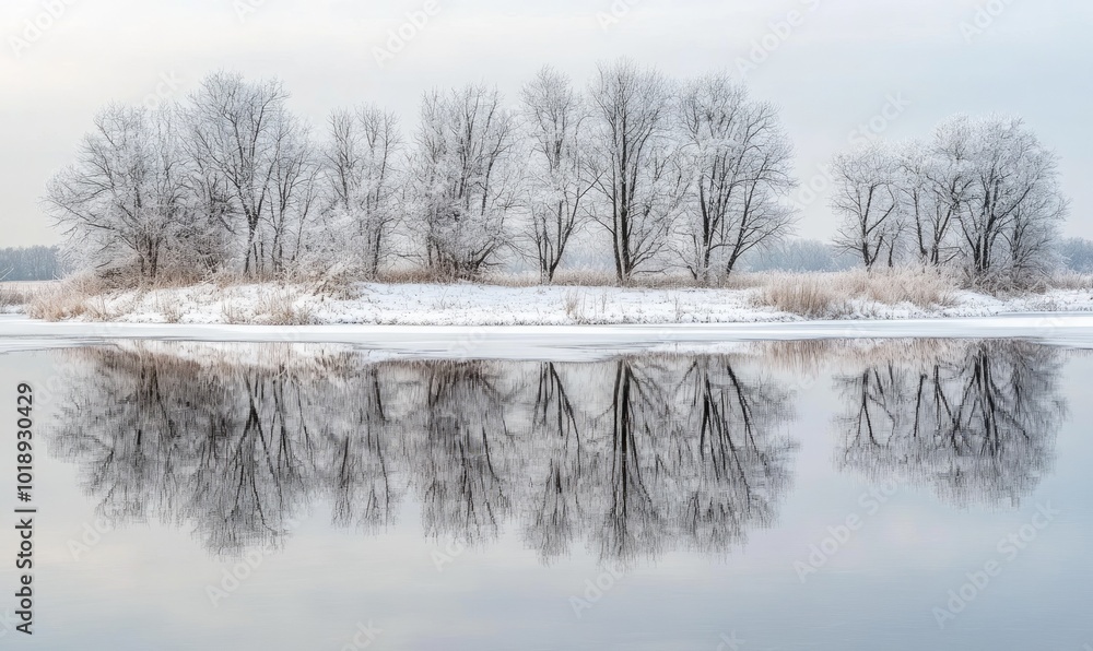 Serene winter reflection: still, icy water mirroring snow-covered trees under a pale winter sky Serene winter reflection: still, icy water mirroring snow-covered trees under a pale winter sky