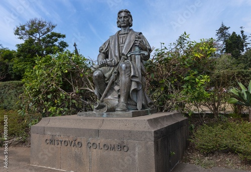 Satue of Christopher Columbus at Santa Catharina Park. Madeira . Funchal.