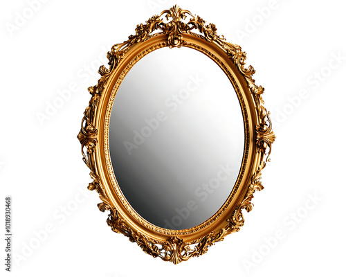 Elegant vintage oval mirror with ornate golden frame, white isolate background.