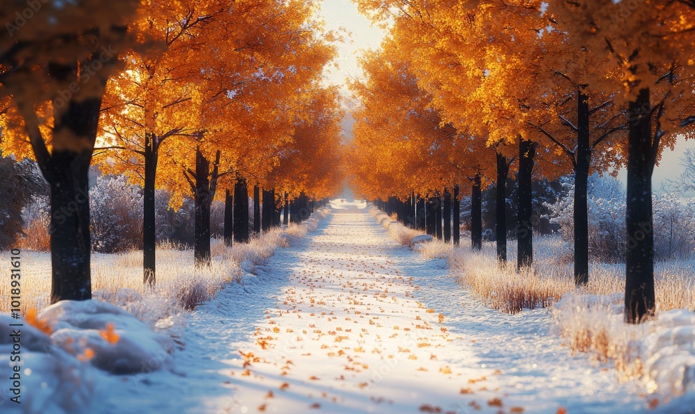 Naklejka premium Snow-covered path lined with autumn trees