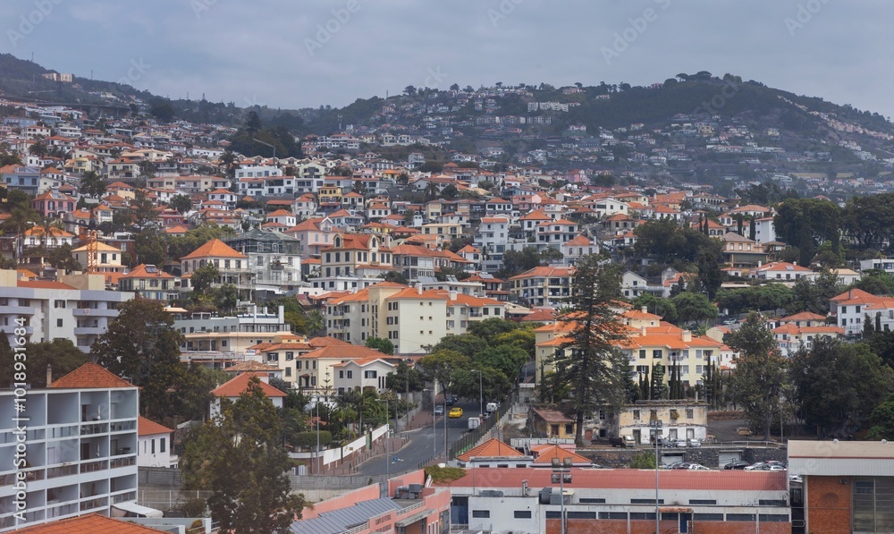 City of Funchal Madeira from the cable train. Monte cable car. Cityscapes.Aerial. City of Funchal Madeira from the cable train. Monte cable car. Cityscapes.Aerial.