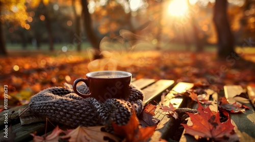 Cozy Autumn Coffee on Park Bench with Leaves and Warm Scarf at Golden Hour photo