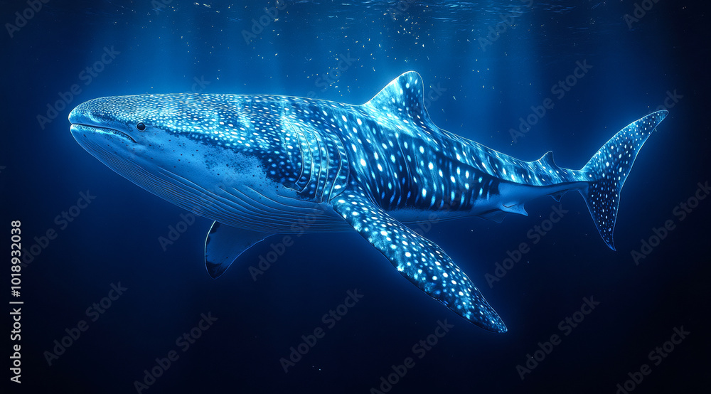 Fototapeta premium Whale shark gliding in deep blue sea. A majestic whale shark glides through the ocean depths, showcasing its stunning patterns under the shimmering sunlight above.