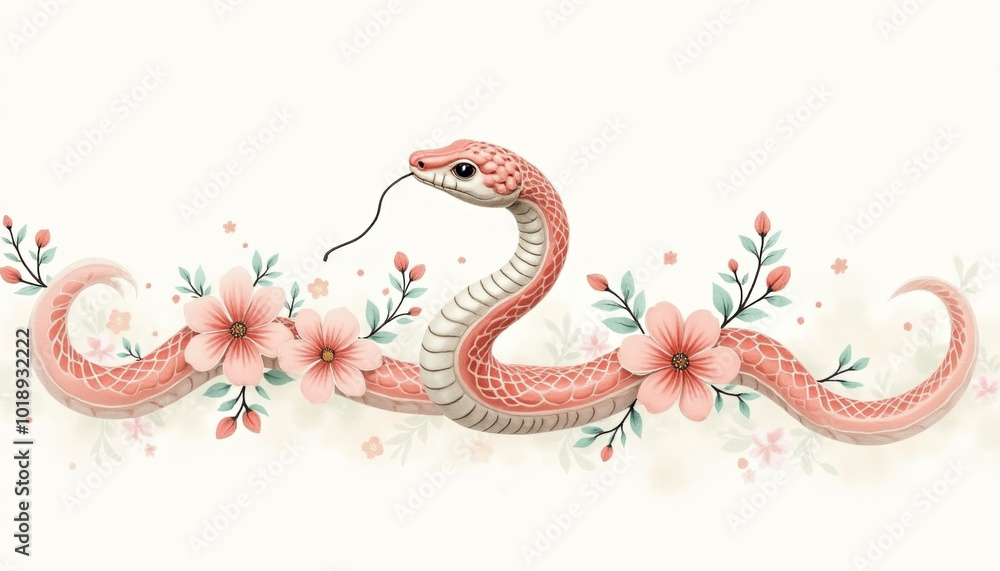 Pink Snake with Flowers in Elegant Floral Design Pink Snake with Flowers in Elegant Floral Design