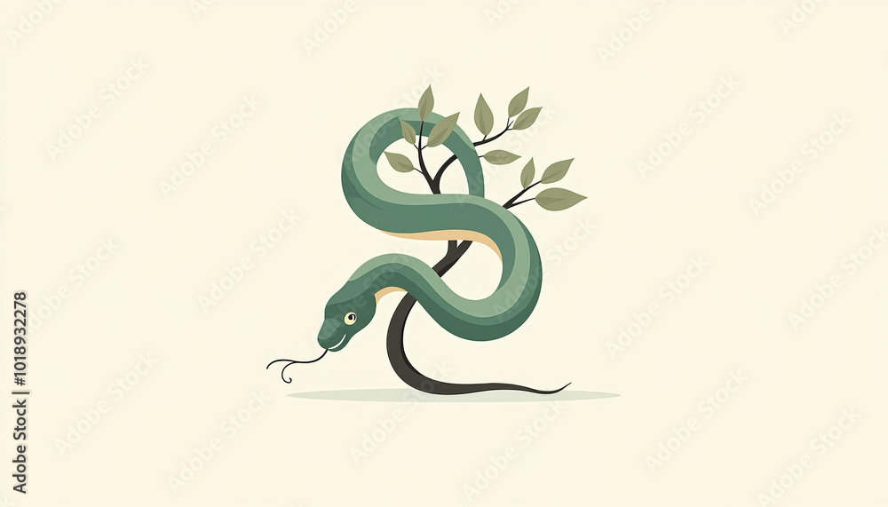 Obraz premium Green Snake Wrapped Around Branch with Leaves