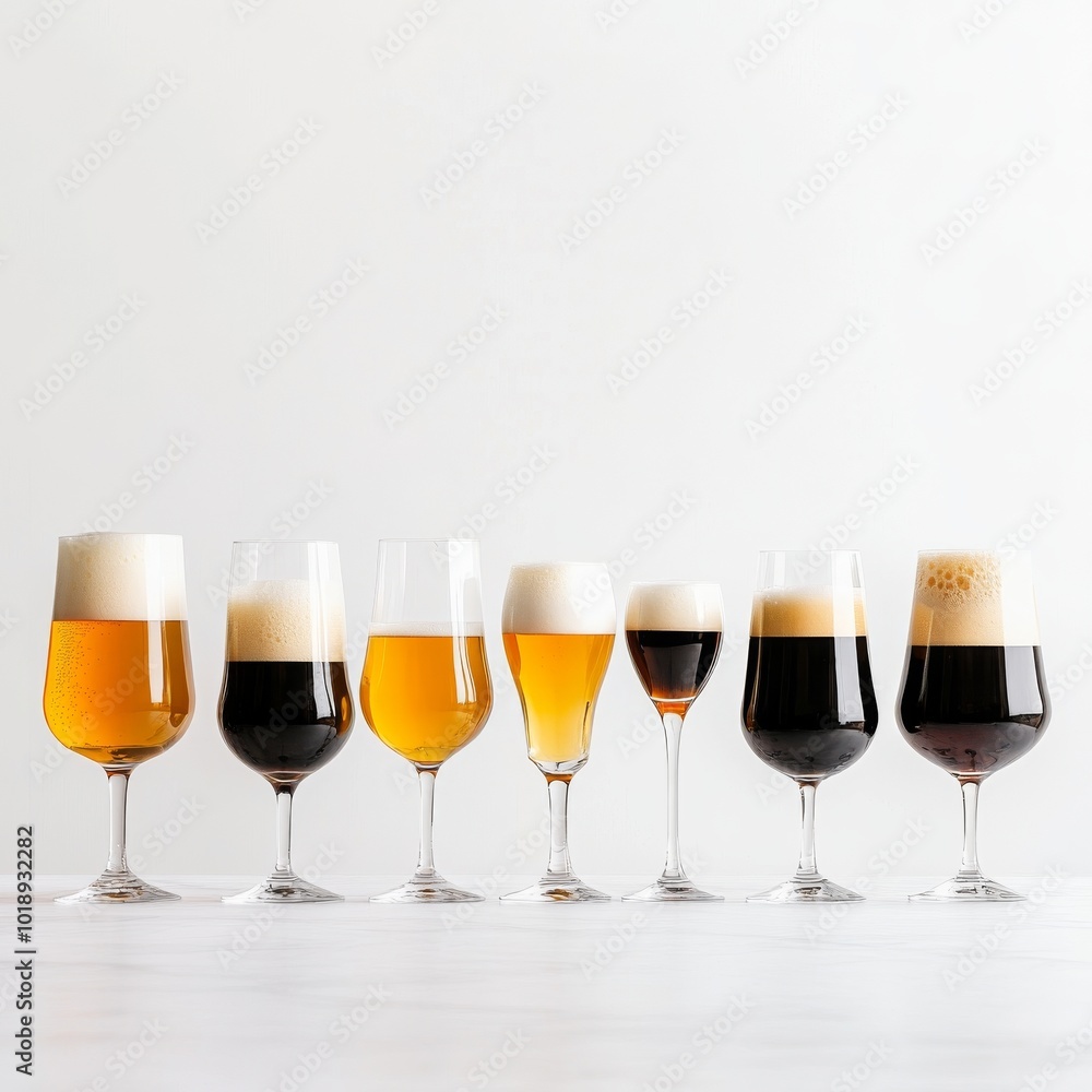 Variety of Beers in Different Glasses Standing on a Bar Isolated on white Background Variety of Beers in Different Glasses Standing on a Bar Isolated on white Background