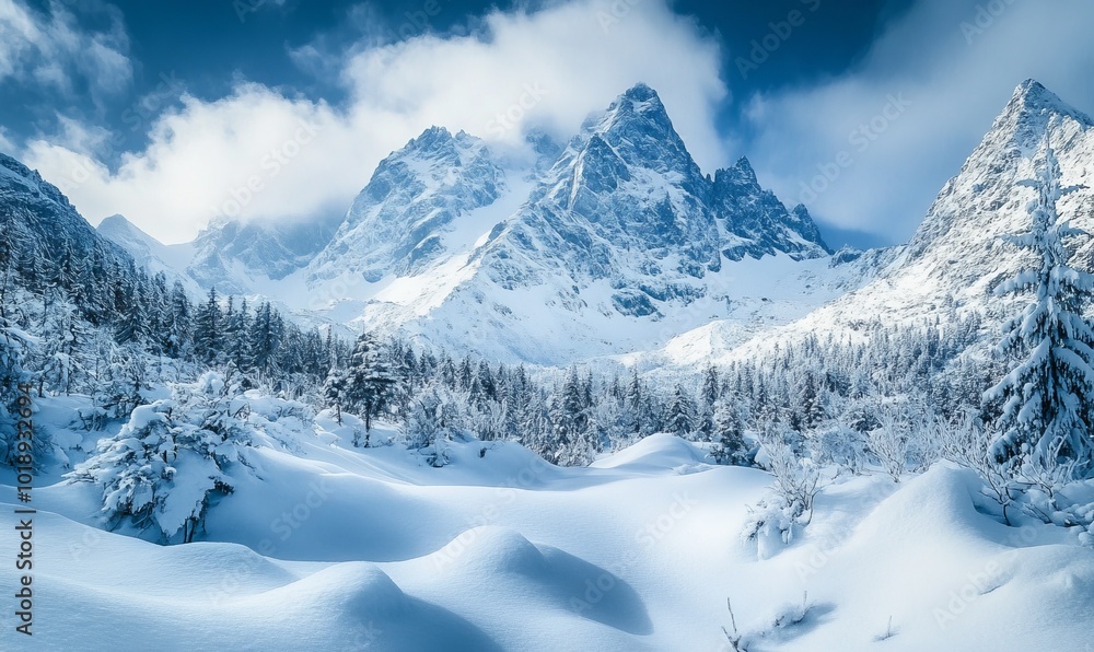 Snow-covered mountain peaks dramatic winter landscapes perfect for the holiday season Snow-covered mountain peaks dramatic winter landscapes perfect for the holiday season