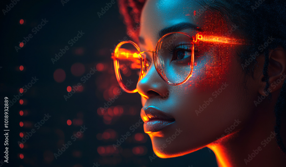 Woman with glowing glasses analyzes data. A woman with stylish glasses illuminated by digital lights contemplates data, blending technology and elegance in a modern environment. Woman with glowing glasses analyzes data. A woman with stylish glasses illuminated by digital lights contemplates data, blending technology and elegance in a modern environment.