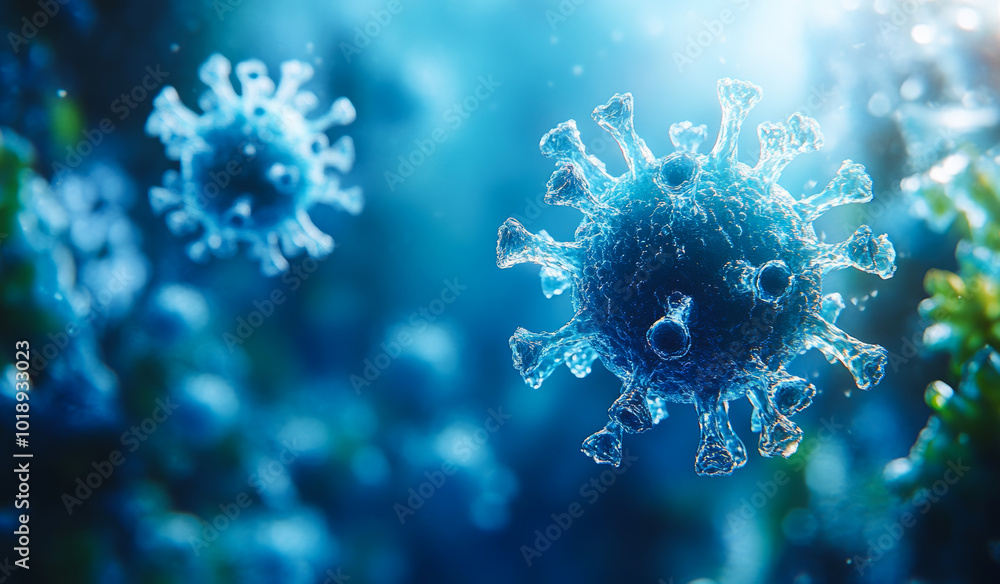 Microscopic view of virus particles in water. Virus particles float in water, illuminated by soft light, showcasing intricate structures in a microscopic perspective. Microscopic view of virus particles in water. Virus particles float in water, illuminated by soft light, showcasing intricate structures in a microscopic perspective.