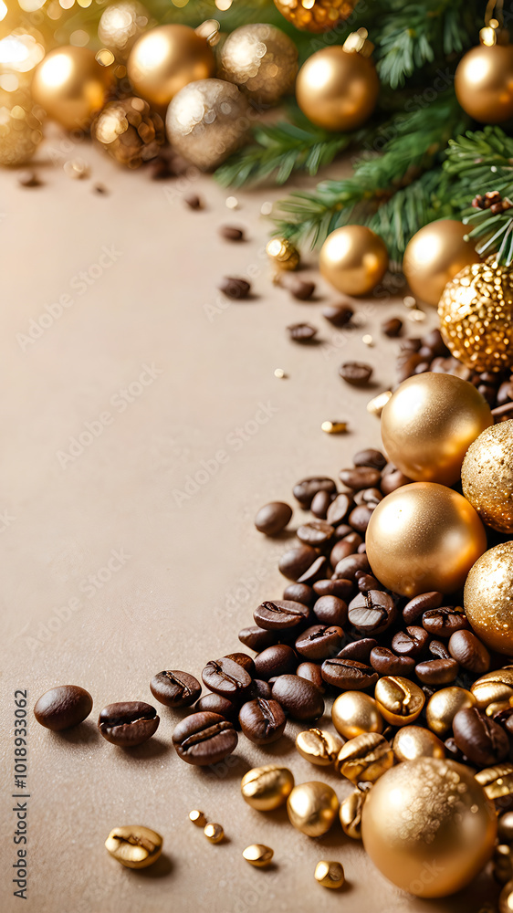 coffee beans, Christmas tree branch, New Year's balls. New Year card with place for text coffee beans, Christmas tree branch, New Year's balls. New Year card with place for text