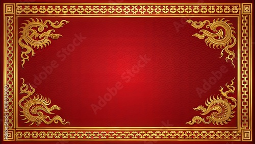 Red background with ornate golden dragon borders for traditional Chinese design