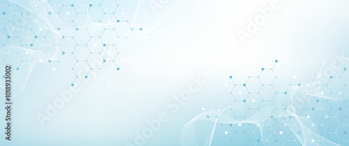 Modern health care or medical background design. Health care innovation concept. Horizontal header web banner. Abstract geometric background with hexagon shapes for medicine, science, chemistry.