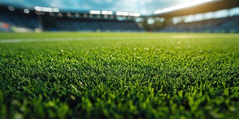 grass close-up in a soccer stadium, with bright lights illuminating the field, highlighting the green and vibrant lawn in the background of the sports arena