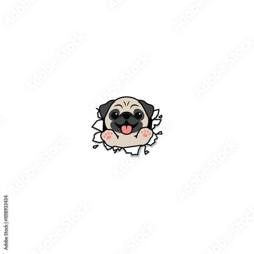 Cute pug dog break through the paper cartoon, vector illustration