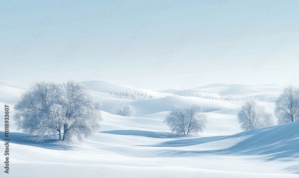 Winter landscape with rolling snow-covered hills under a clear, pale blue sky Winter landscape with rolling snow-covered hills under a clear, pale blue sky