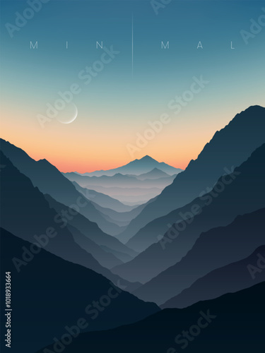 Beautiful serene minimalist illustration of mysterious mountain range  with a tranquility misty valley and moon. Concept of travel, tourism, adventure and hiking in the mountains. Vector illustration