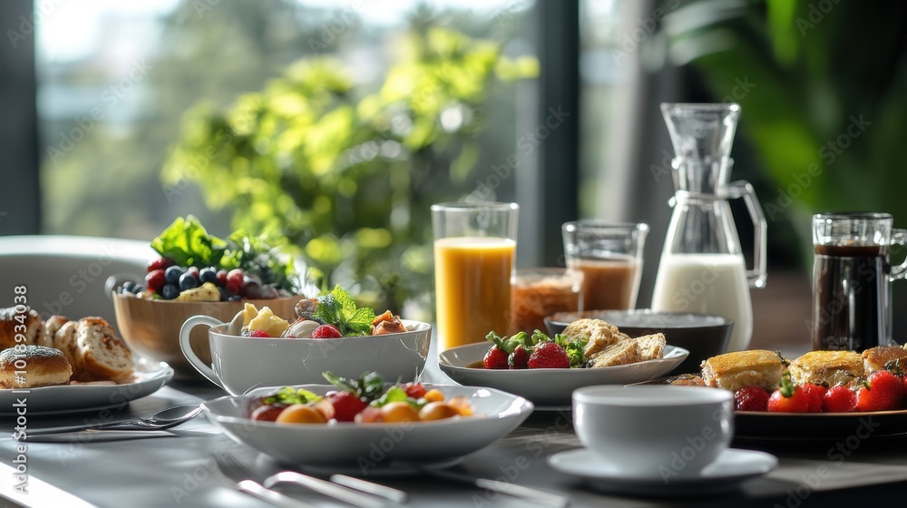 brunch table setting with various breakfast dishes, coffee, and fresh juices arranged beautifully brunch table setting with various breakfast dishes, coffee, and fresh juices arranged beautifully
