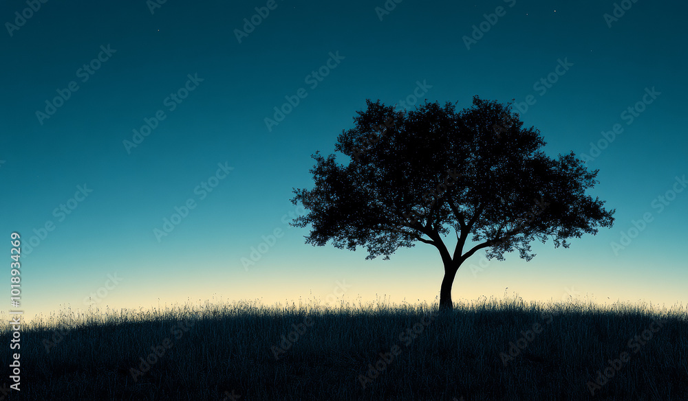 Silhouette of a solitary tree at dusk on a hilltop. A dark silhouette of a tree stands alone on a grassy hill as dusk settles, creating a serene and tranquil atmosphere. Silhouette of a solitary tree at dusk on a hilltop. A dark silhouette of a tree stands alone on a grassy hill as dusk settles, creating a serene and tranquil atmosphere.