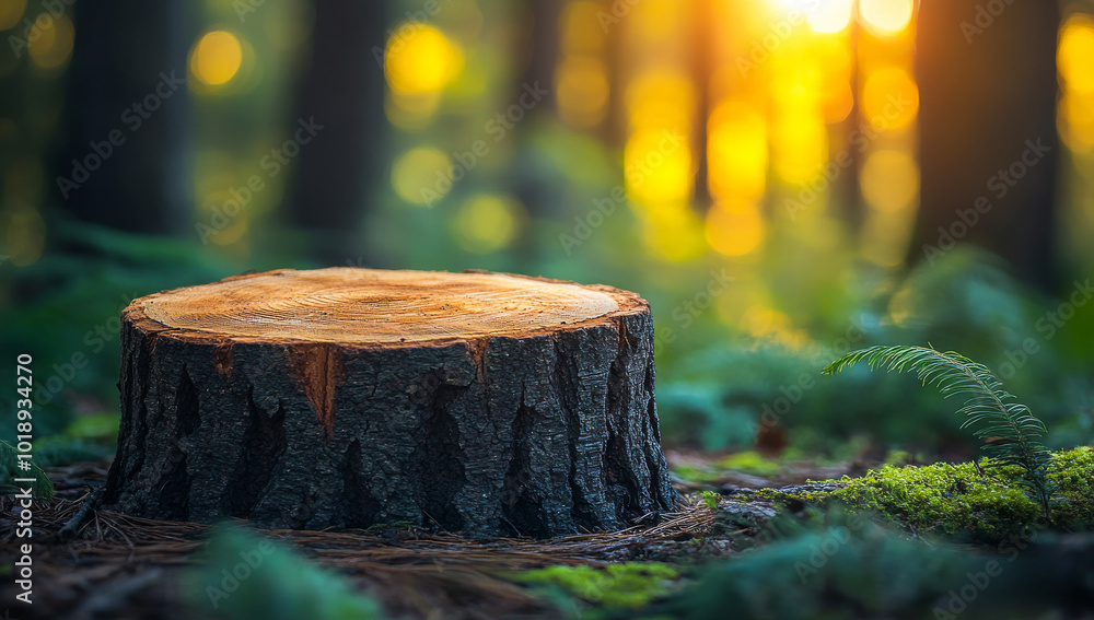 Tree stump in a sunlit forest during golden hour. A sunlit forest showcases a freshly cut tree stump surrounded by lush greenery and soft ferns under the warm glow of evening light. Tree stump in a sunlit forest during golden hour. A sunlit forest showcases a freshly cut tree stump surrounded by lush greenery and soft ferns under the warm glow of evening light.