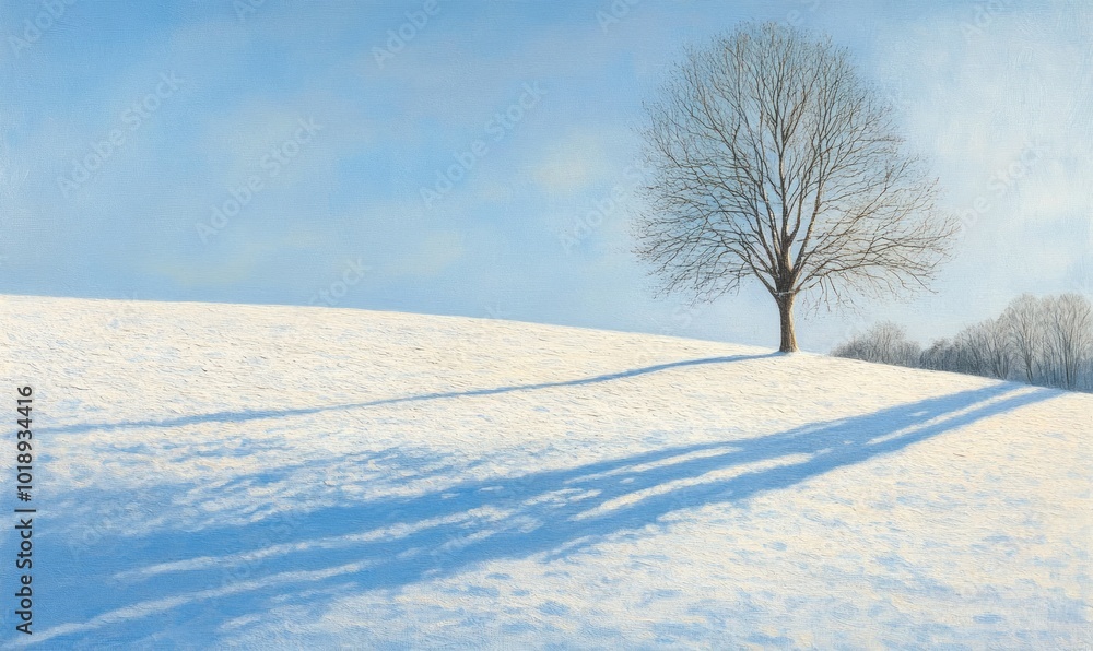 Snowy horizon with a single tree standing tall in the distance, casting long shadows under soft winter light. Snowy horizon with a single tree standing tall in the distance, casting long shadows under soft winter light.