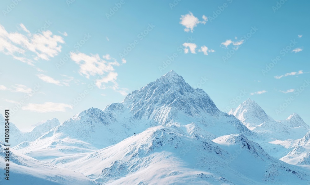 Snowy mountain range under a clear, blue sky, with soft shadows and subtle winter textures Snowy mountain range under a clear, blue sky, with soft shadows and subtle winter textures
