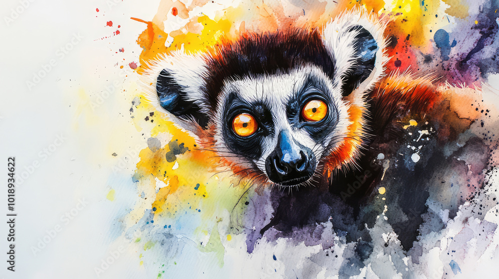 A striking lemur with expressive orange eyes stands out against a background filled with vibrant splashes of color, showcasing its curious and playful nature. A striking lemur with expressive orange eyes stands out against a background filled with vibrant splashes of color, showcasing its curious and playful nature.