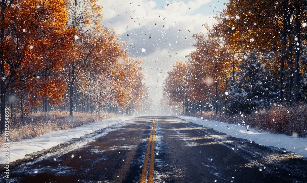 Snowy roads with fall foliage Snowy roads with fall foliage