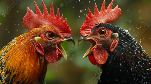 Roosters in a lively crowing duel. Two vibrant roosters face each other, crowing loudly amidst a backdrop of blurred greenery, capturing their rivalry.