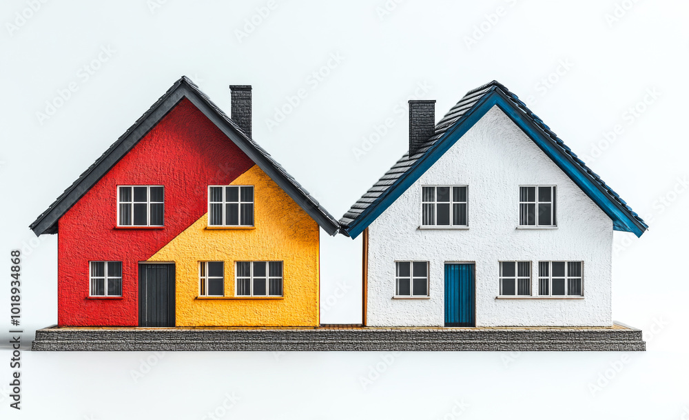 Diverse, colorful model houses. Two distinct model houses showcase creative architecture, featuring vibrant colors and unique designs that symbolize diversity. Diverse, colorful model houses. Two distinct model houses showcase creative architecture, featuring vibrant colors and unique designs that symbolize diversity.