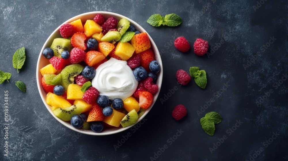 ruit salad with a variety of fresh seasonal fruits arranged in a bowl, served with a side of yogurt ruit salad with a variety of fresh seasonal fruits arranged in a bowl, served with a side of yogurt