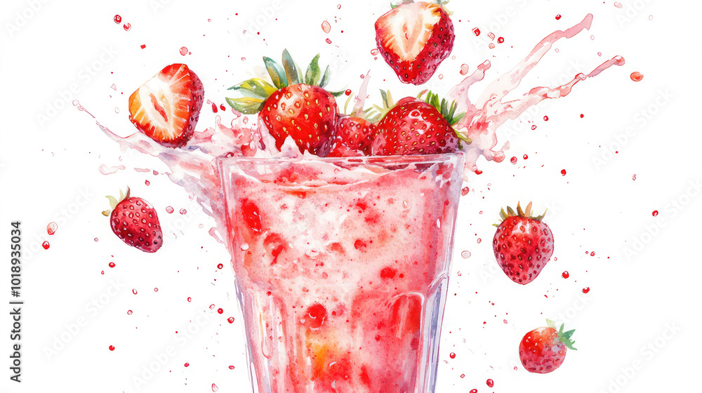 Vibrant watercolor shows strawberries splashing out of a glass, emphasizing freshness and energy. The artwork uses realistic details to evoke a sense of summer delight. Vibrant watercolor shows strawberries splashing out of a glass, emphasizing freshness and energy. The artwork uses realistic details to evoke a sense of summer delight.