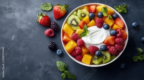  fruit salad with a variety of fresh seasonal fruits arranged in a bowl, served with a side of yogurt