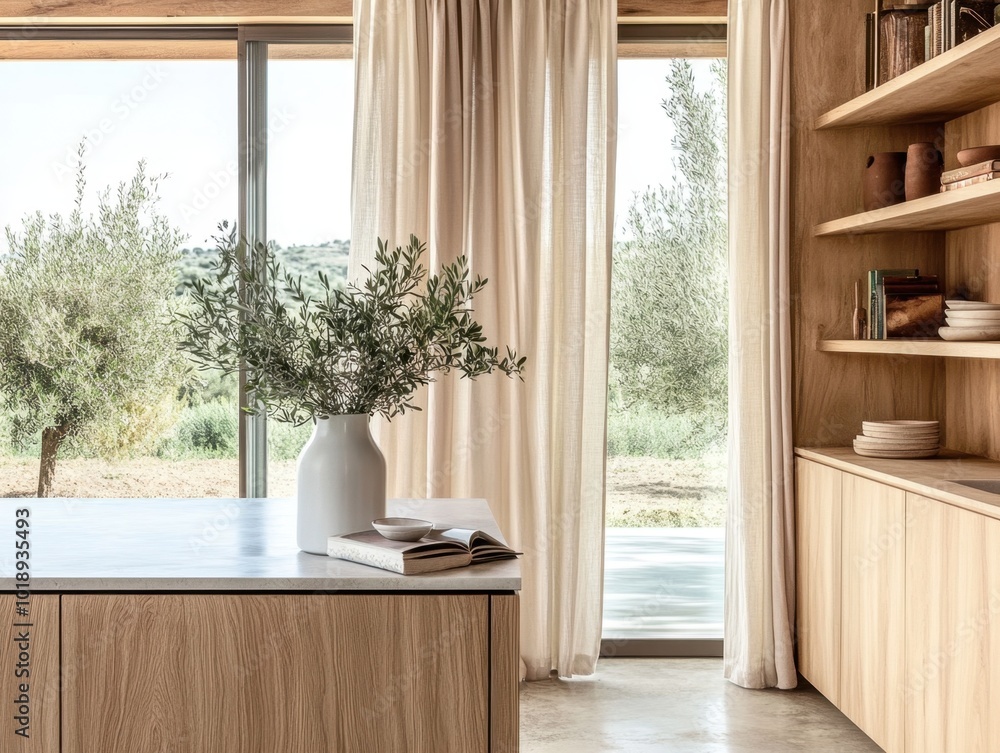 A white vase with green leaves sits on a counter in front of a window A white vase with green leaves sits on a counter in front of a window