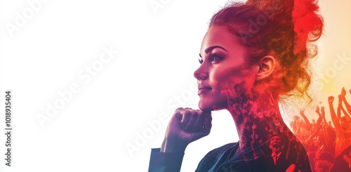 Double exposure of a business woman with her hand on her chin and a silhouette of a cheering crowd, against a light background, with a banner design, white space Generative AI photo