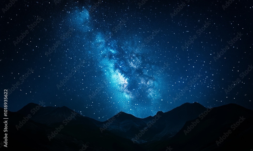 Starry night sky, Milky Way galaxy, mountains silhouette Starry night sky, Milky Way galaxy, mountains silhouette